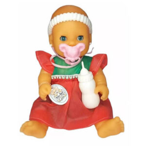 Bebe de goma con ropita de friselina mamadera y ojos movibles