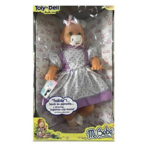 Bebe de goma con ojos movibles,le tocas la pancita y dice 11 frases para jugar a la mama