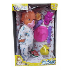 Bebe de goma chico con ojos movibles, plato,cubierto y accesorios