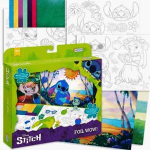 Foil Wow Stich. Trae 5 planchas con figuras troqueladas autoadhesivas. 50 hojas foil metalizado y 6 escenarios para jugar.