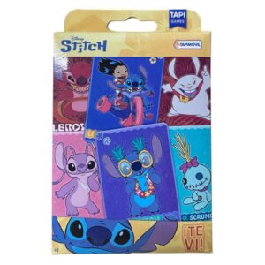 Juego de naipes – Te vi de Stitch. Contiene 40 cartasde personajes, 12 cartas de tablero, 3 cartas de villanos, 1 instructivo y 1 libro de actividades de regalo.