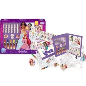 Valija de arte Princesas. Contiene stickers, hojas, fibras, lapices, goma, sacapuntas y sellito.