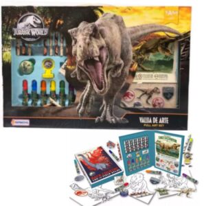 Valija de arte Jurassic. Contiene stickers, hojas, fibras, lapices, goa, sacapuntas y sellito.