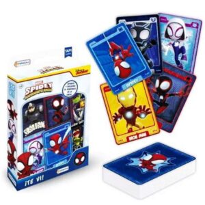Juego de Naipes- Te vi Spidey. Contiene 40 cartas de personajes, 12 cartas de tablero, 3 cartas de villanos y 1 libro de actividades de regalo.
