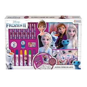 Valija de arte Frozen. Contiene: 1 cofre, 6 marcadores, 12 lapices de colores, block para colorear, goma, sacapuntas, sello y stickers.