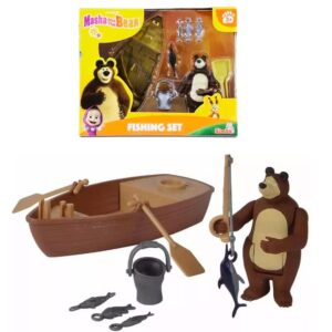 Masha Bote. Trae el bote, elementos de pesca, y el oso.