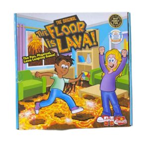 Juego de destreza – Piso es lava. Consiste en girar la ruleta y saltar sobre las piedras del color correcto.