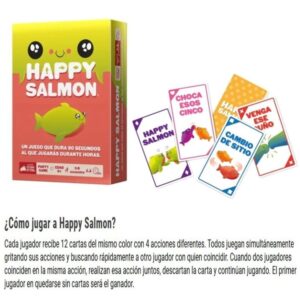 Juego de cartas Happy Salmon. juego rápido de 90 segundos en los que deben encontrar una pareja para realizar una acción e ir descartando cartas. El que queda sin ninguna gana.