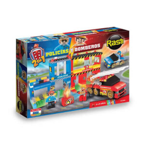 Rasti policía y bomberos de 250 piezas.Incluye 2 muñecos con accesorios y 1 nodo inteligente de fuego para jugar con la app.