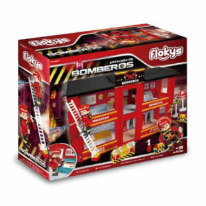 Flokys Cuartel de bomberos,trae 50 bloques, 2 muñecos articulados más 12 accesorios