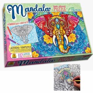 Rompecabezas x736 piezas mandala, es un puzzle reversible que incluye 12 lapices para colorear