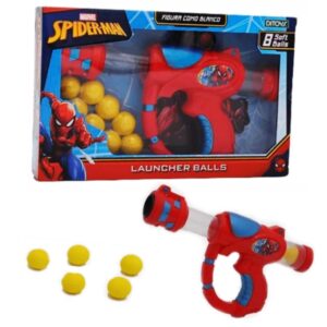 Pistola lansa pelotas Spiderman Launcher Balls.Trae 8 pelotas soft y un blanco.