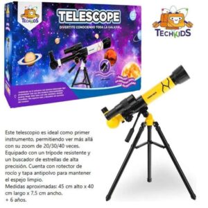 Juego de ciencia. Telescopio Amarillo. Zoom 20/30/40. 45cm altura x 40cm largo x 7,5cm ancho. Protector de rocío y tapa antipolvo para proteger el lente.