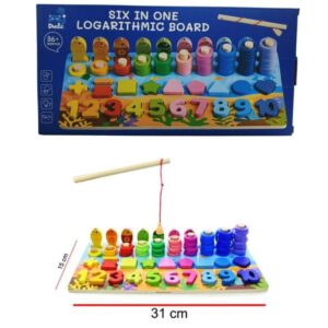 Encastre madera con numeros, formas,abaco y pesca. Tabla matemática