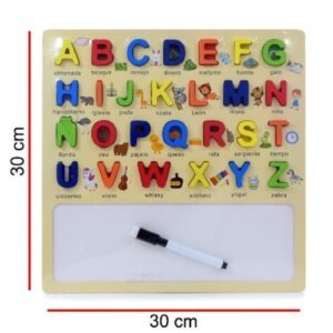 Pizarra borrable con letras mayúsculas de madera y marcador borrable.