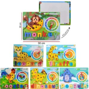 Encastre animal con reloj , pizarra y marcador. 30cm x 22cm