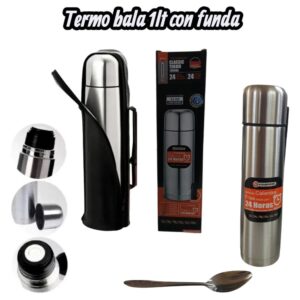 Termo bala 1lt con funda. Trae 1 cuchara. Frío/calor
