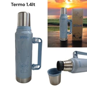Termo Stitch 1.4 lt acero inoxidable a rosca con manija rebatible. Celeste