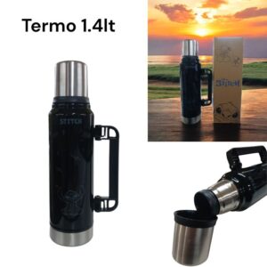 Termo Stitch 1.4lt acero inoxidable a rosca con manija rebatible. Negro