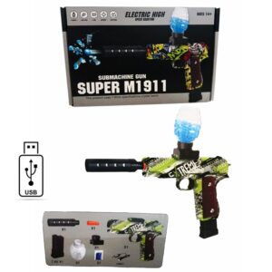 Pistola lanza bolitas de hidrogel. Trae 10 repuestos de hidrogel. Carga USB