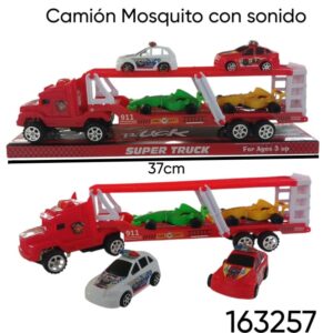 Camion mosquito con sonido,c/4 vehiculos, 35x7x15cm. Pilas incluidas