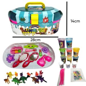 Slime Valija con dinosaurios, accesorios de belleza y 8 potes de slime c/colores.8323