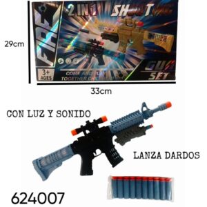 Ametralladora 2en1con luz, sonido y lanza dardos. Caja