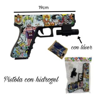 Pistola lanza bolitas de hidrogel. Trae 1 bolsa de repuesto. Con láser.