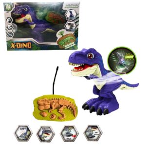 Dinosaurio a radio control con carga USB. Tiene luces, sonidos, gira 360° y camina