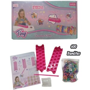 Fabrica de pulsera Tiny 77563. Trae 600 banditas, dijes en forma de S, telar y aguja.