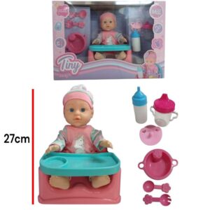 Bebe 27cm. Mili 76581. Con sillita y accesorios para comer.