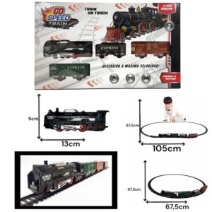 Pista de tren vintage a pila con 3 vagones. Armada 105 x67cm