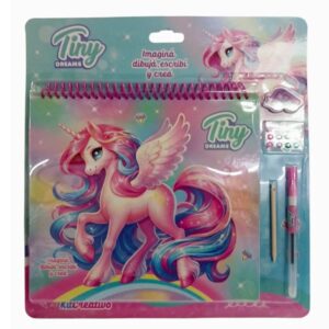 Kit Creativo Unicornio Tiny 77901. Trae hojas para colorear, papel mágico para raspar, plantillas y accesorios