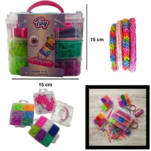 Pulsera banditas Tiny 79467. Trae 4500 banditas, 1 máquina trenzadora, 3 aguja ganchillo, 2 marcos Y 4 paquetes ganchos en S.