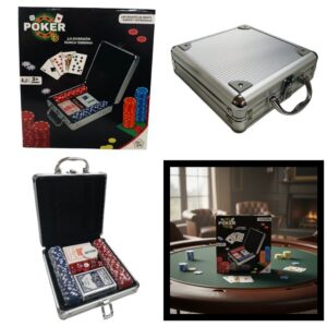 Set de poker 79645. Trae 100 fichas de poker, 2 mazos de cartas, 5 dados, 1 ficha dealer y valija se aluminio reforzada.