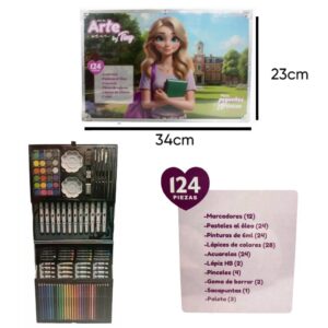 Set de arte Valija Pequeños artistas x 124 piezas. Trae acuarelas, pasteles al oleo, crayones , fibras , lápices y accesorios.