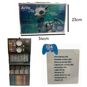 Set de arte Valija Game zone x 124 piezas. Trae acuarelas, pasteles al oleo, crayones, fibras, lápices y accesorios.
