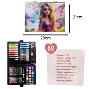 Set de arte Hadita x 80 piezas 57619. Trae crayones, pasteles al oleo, acuarelas, mini marcadores y accesorios