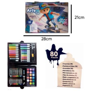 Set de arte Skate x 80 piezas 57620. Trae crayones, pasteles al oleo, acuarelas, mini marcadores y accesorios.