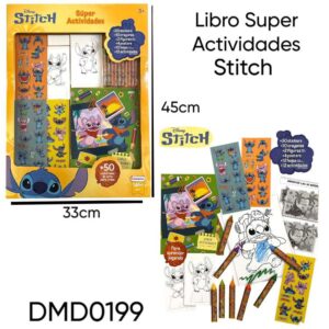 Libro Super Actividades Stitch (DMD0199). Trae 30 stickers, 10 crayones. 2 figuras, 12 hojas y 12 actividades.