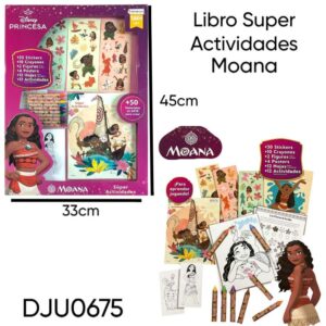 Libro Super Actividades Moana (DJU0675). Trae 30 stickers, 10 crayones. 2 figuras, 12 hojas y 12 actividades.