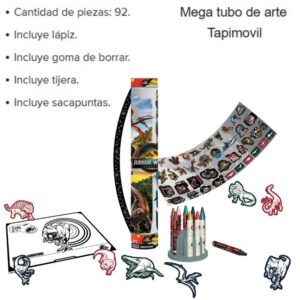 Mega Tubo Jurassic. Contiene hojas para colorear, stickers, stickers de goma eva y crayones