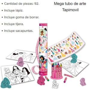 Mega Tubo Princesas. Contiene hojas para colorear, stickers, stickers de goma eva y crayones.