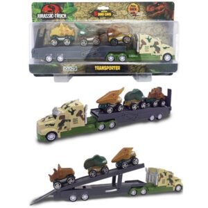 Camion transpotador jurassic , trae 3 autitos dino pull back.