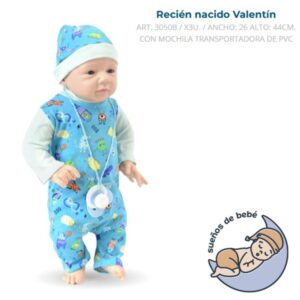 Bebe recien nacido Valentin 44cm Cuerpo de goma, trae pañal. Mochila Pvc