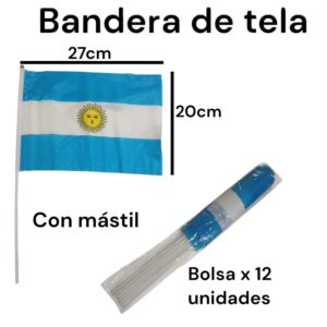 Bandera tela 20cm x 27cm con mástil (precio unit. bolsa x 12u )