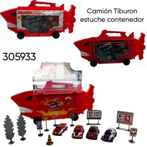 Camion tiburon con estuche contenedor, trae 4 autos metal y señalizaciones transito(305933)