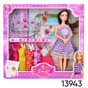 Muñeca con 5 vestidos Tiara y aros para niña, (13943)