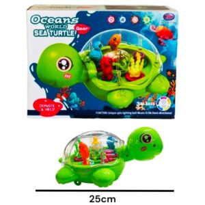 Tortuga en caja. Tiene luz, sonido y se desplaza, choca y gira