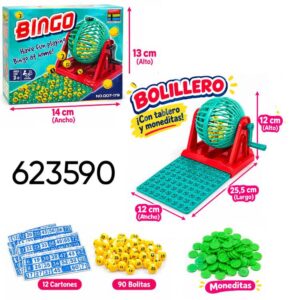 Bingo con bolillero. Tiene 12 cartones y monedas